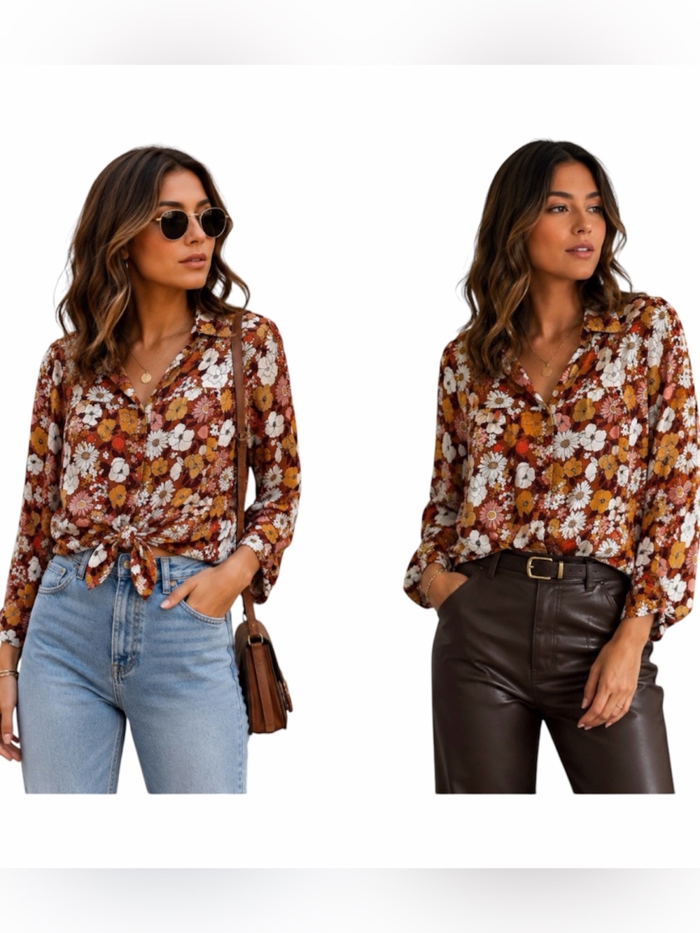Jane and Delancey Rust Orange White Multi Floral Button-Down Blouse